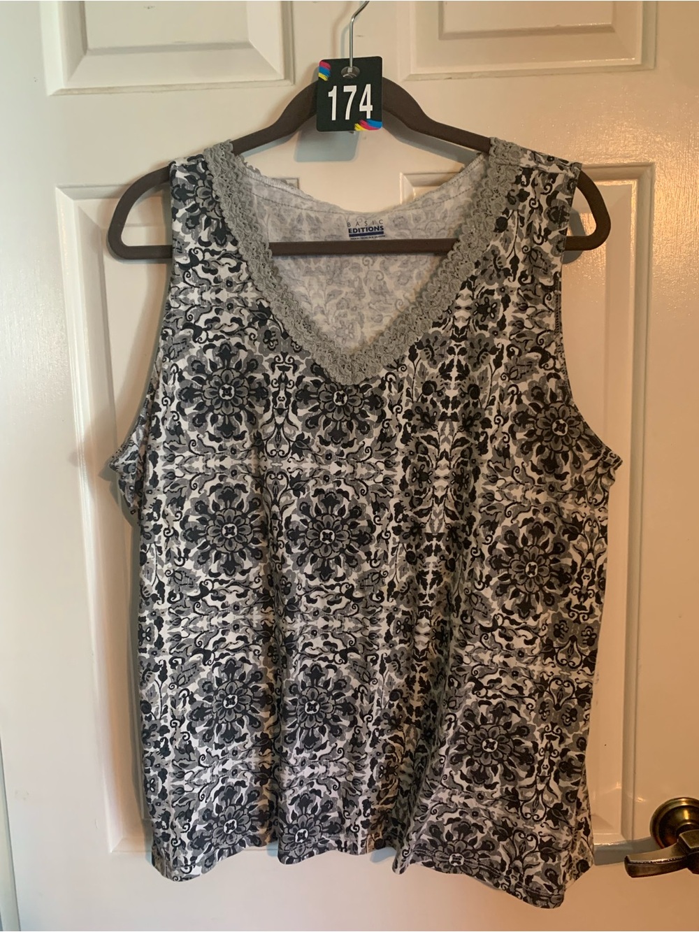 Basic Editions Gray Floral Lace-Trim V-Neck Tank